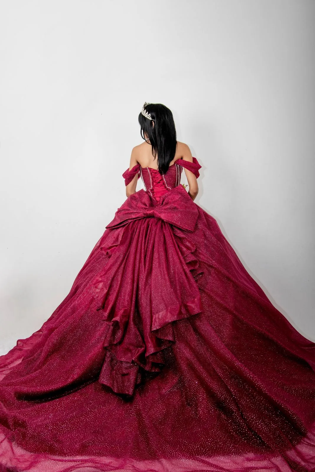 La quinceañera de espaldas con su vestido vino